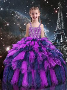 Eggplant Purple Ball Gowns Beading and Ruffles Child Pageant Dress Lace Up Tulle Sleeveless Floor Length