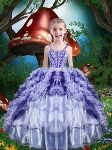 Purple Straps Neckline Beading and Ruffles and Ruffled Layers Girls Pageant Dresses Sleeveless Lace Up