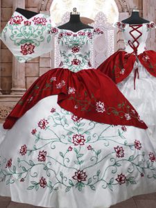 Great Taffeta Off The Shoulder Sleeveless Lace Up Embroidery and Ruffled Layers Sweet 16 Dresses in White And Red