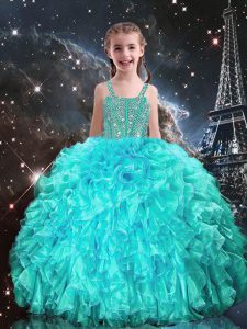 Trendy Aqua Blue Ball Gowns Beading and Ruffles Little Girls Pageant Dress Wholesale Lace Up Organza Sleeveless Floor Length