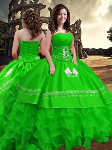 Green Zipper Strapless Embroidery and Ruffled Layers Quinceanera Gowns Taffeta Sleeveless