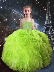 Excellent Sleeveless Organza Floor Length Lace Up Little Girls Pageant Gowns in with Beading and Ruffles