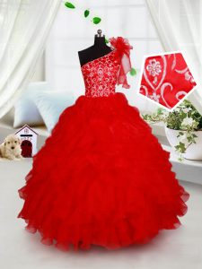 Red Ball Gowns One Shoulder Sleeveless Organza Floor Length Lace Up Beading and Ruffles and Hand Made Flower Kids Formal Wear