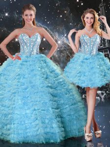 Aqua Blue Ball Gowns Tulle Sweetheart Sleeveless Beading and Ruffled Layers Floor Length Lace Up Sweet 16 Quinceanera Dress