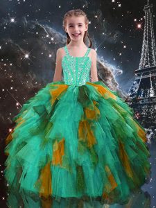 Turquoise Sleeveless Beading and Ruffles Floor Length Pageant Gowns For Girls