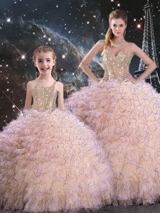 Modern Peach Organza Lace Up Sweetheart Sleeveless Floor Length Sweet 16 Quinceanera Dress Beading and Ruffles