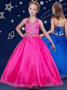 Halter Top Sleeveless Floor Length Beading Lace Up Little Girls Pageant Dress with Hot Pink