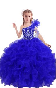 Glorious One Shoulder Sleeveless Organza Little Girls Pageant Dress Beading and Ruffles Lace Up