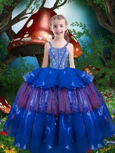 Beading and Ruffled Layers Kids Pageant Dress Blue Lace Up Sleeveless Floor Length