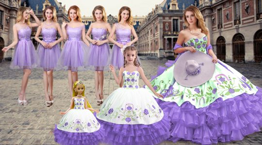 Sleeveless Satin and Organza Floor Length Lace Up Quinceanera Gowns in Lavender with Embroidery and Ruffled Layers