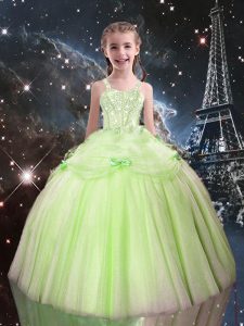 Attractive Yellow Green Tulle Lace Up Straps Sleeveless Floor Length Little Girl Pageant Gowns Beading