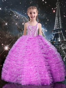 Floor Length Lace Up Kids Pageant Dress Lilac for Quinceanera and Wedding Party with Beading and Ruffled Layers