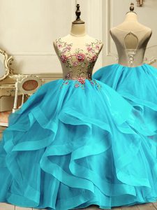 Cute Aqua Blue Lace Up Scoop Appliques and Ruffles Sweet 16 Dresses Organza Sleeveless