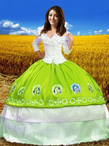 Yellow Green Ball Gowns Embroidery Sweet 16 Quinceanera Dress Lace Up Taffeta 3 4 Length Sleeve Floor Length