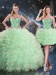 Sumptuous Apple Green Organza Lace Up Sweetheart Sleeveless Floor Length Quinceanera Gown Beading and Ruffles