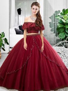 Super Off The Shoulder Sleeveless Lace Up 15 Quinceanera Dress Burgundy Tulle