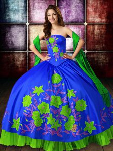 Multi-color Lace Up Strapless Embroidery Sweet 16 Dress Satin Sleeveless