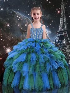 Blue Sleeveless Tulle Lace Up Girls Pageant Dresses for Quinceanera and Wedding Party