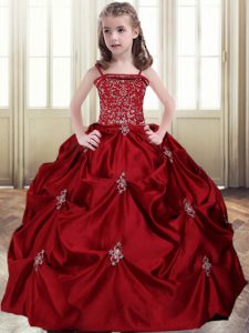 Exquisite Pick Ups Wine Red Sleeveless Taffeta Lace Up Little Girls Pageant Dress Wholesale for Quinceanera and Wedding Party