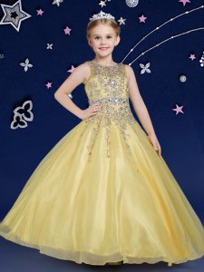 Custom Fit Scoop Sleeveless Zipper Girls Pageant Dresses Gold Organza