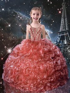 Latest Beading and Ruffles Kids Pageant Dress Watermelon Red Lace Up Sleeveless Floor Length