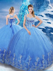 Sexy Ball Gowns Sweet 16 Dress Baby Blue Sweetheart Tulle Sleeveless Floor Length Lace Up