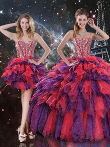 Spectacular Floor Length Lace Up Quinceanera Dress Multi-color for Military Ball and Sweet 16 and Quinceanera with Beading and Ruffles and Ruffled Layers