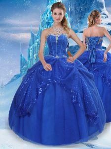 Cute Beading and Pick Ups Quinceanera Gown Royal Blue Lace Up Sleeveless Floor Length