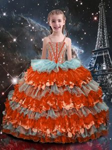 Straps Sleeveless Organza Child Pageant Dress Beading and Ruffled Layers Lace Up