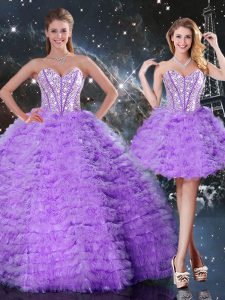 Noble Lavender Organza Lace Up Sweetheart Sleeveless Floor Length Quince Ball Gowns Beading and Ruffled Layers