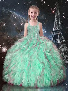 Turquoise Lace Up Little Girl Pageant Dress Beading and Ruffles Sleeveless Floor Length