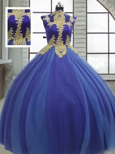 Sleeveless Floor Length Appliques Lace Up Quinceanera Gowns with Royal Blue