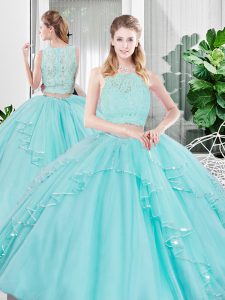 Custom Fit Floor Length Zipper Ball Gown Prom Dress Aqua Blue for Military Ball and Sweet 16 and Quinceanera with Lace and Ruffled Layers