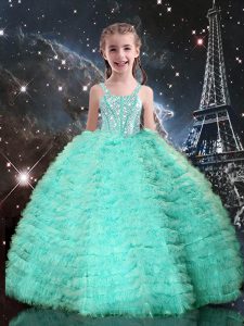 Straps Sleeveless Little Girls Pageant Dress Floor Length Beading and Ruffled Layers Turquoise Tulle