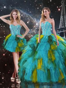 Fantastic Sweetheart Sleeveless Quinceanera Dresses Floor Length Beading and Ruffles Multi-color Tulle