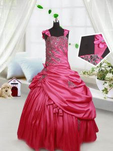 Luxurious Taffeta Straps Sleeveless Lace Up Beading and Appliques and Pick Ups Little Girls Pageant Dress Wholesale in Hot Pink