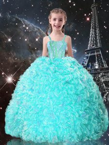 Popular Floor Length Lace Up Little Girls Pageant Dress Turquoise for Quinceanera and Wedding Party with Beading and Ruffles