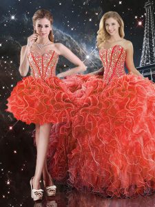 Exquisite Coral Red Lace Up 15 Quinceanera Dress Beading and Ruffles Sleeveless Floor Length