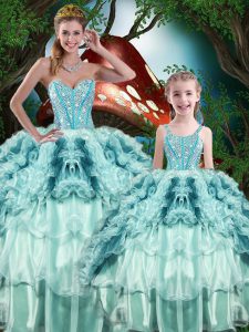 Affordable Sleeveless Organza Floor Length Lace Up Sweet 16 Dress in Multi-color with Beading and Ruffles