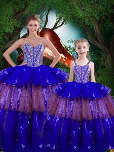 Royal Blue Ball Gowns Organza Sweetheart Sleeveless Beading and Ruffled Layers Floor Length Lace Up Quince Ball Gowns