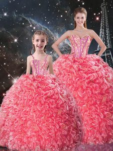 Elegant Coral Red Lace Up Sweetheart Beading and Ruffles Quinceanera Gowns Organza Sleeveless