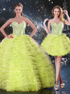 Stylish Yellow Green Three Pieces Tulle Sweetheart Sleeveless Beading and Ruffles Floor Length Lace Up Quinceanera Dresses