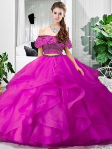 Admirable Floor Length Two Pieces Sleeveless Fuchsia Quinceanera Gowns Lace Up