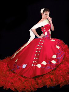 Customized Red Ball Gowns Embroidery and Ruffles Quince Ball Gowns Lace Up Taffeta Sleeveless