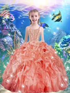 Exquisite Watermelon Red Organza Lace Up Little Girls Pageant Gowns Sleeveless Floor Length Beading and Ruffles