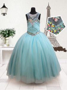 Scoop Sleeveless Floor Length Beading Zipper Little Girls Pageant Dress Wholesale with Aqua Blue