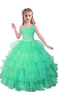 Top Selling Floor Length Ball Gowns Sleeveless Turquoise Little Girl Pageant Dress Zipper