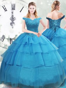 Exceptional Sleeveless Brush Train Beading and Ruffled Layers Lace Up Quince Ball Gowns