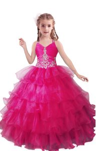 Floor Length Ball Gowns Sleeveless Fuchsia Little Girls Pageant Dress Wholesale Zipper