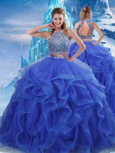 Floor Length Royal Blue Quinceanera Gown Halter Top Sleeveless Zipper